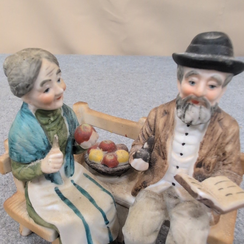 Vintage Hand Painted Porcelain Elderly Couple on Bench Figurine Matte Finish - Picture 2 of 5